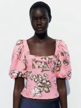 Zara Pink Floral Square-Neck Puff Sleeve Linen-blend Blouse M NWT